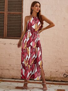 SHEIN VCAY Tropical Print Tie Front Halter Dress - Multicolor - View 3