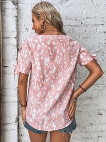 SHEIN LUNE Allover Print Knot Cuff Split Sleeve Blouse - Pink - View 2