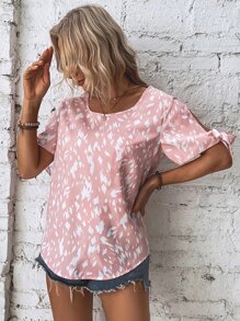 SHEIN LUNE Allover Print Knot Cuff Split Sleeve Blouse - Pink - View 3