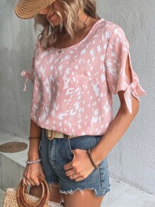 SHEIN LUNE Allover Print Knot Cuff Split Sleeve Blouse - Pink - View 4