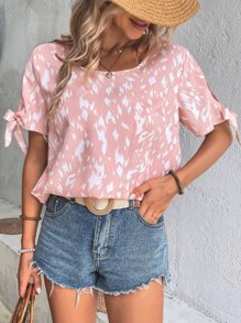 SHEIN LUNE Allover Print Knot Cuff Split Sleeve Blouse - Pink - View 5