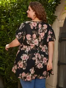 SHEIN CURVE+ 大碼印花蝴蝶袖荷葉邊下擺襯衫 - 彩色 - 查看 2