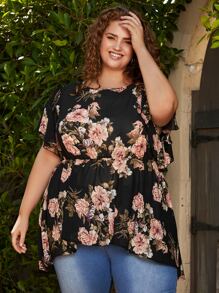 SHEIN CURVE+ 大碼印花蝴蝶袖荷葉邊下擺襯衫 - 彩色 - 查看 7