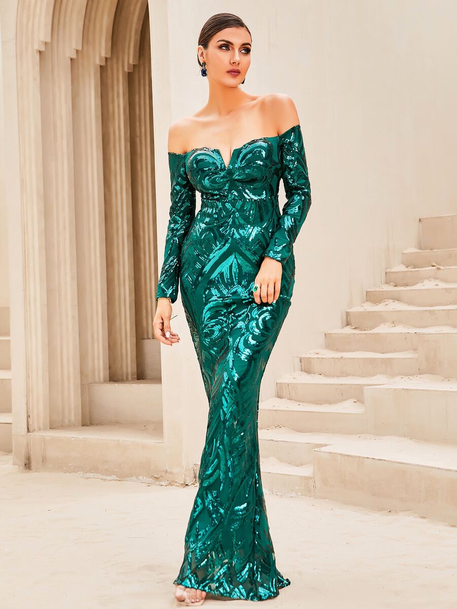 LOVE&LEMONADE Off Shoulder Notched Detail Sequin Maxi Formal Gown - Green - View 1