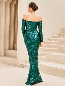 LOVE&LEMONADE Off Shoulder Notched Detail Sequin Maxi Formal Gown - Green - View 2