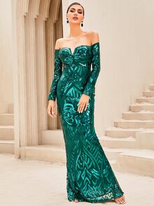 LOVE&LEMONADE Off Shoulder Notched Detail Sequin Maxi Formal Gown - Green - View 6
