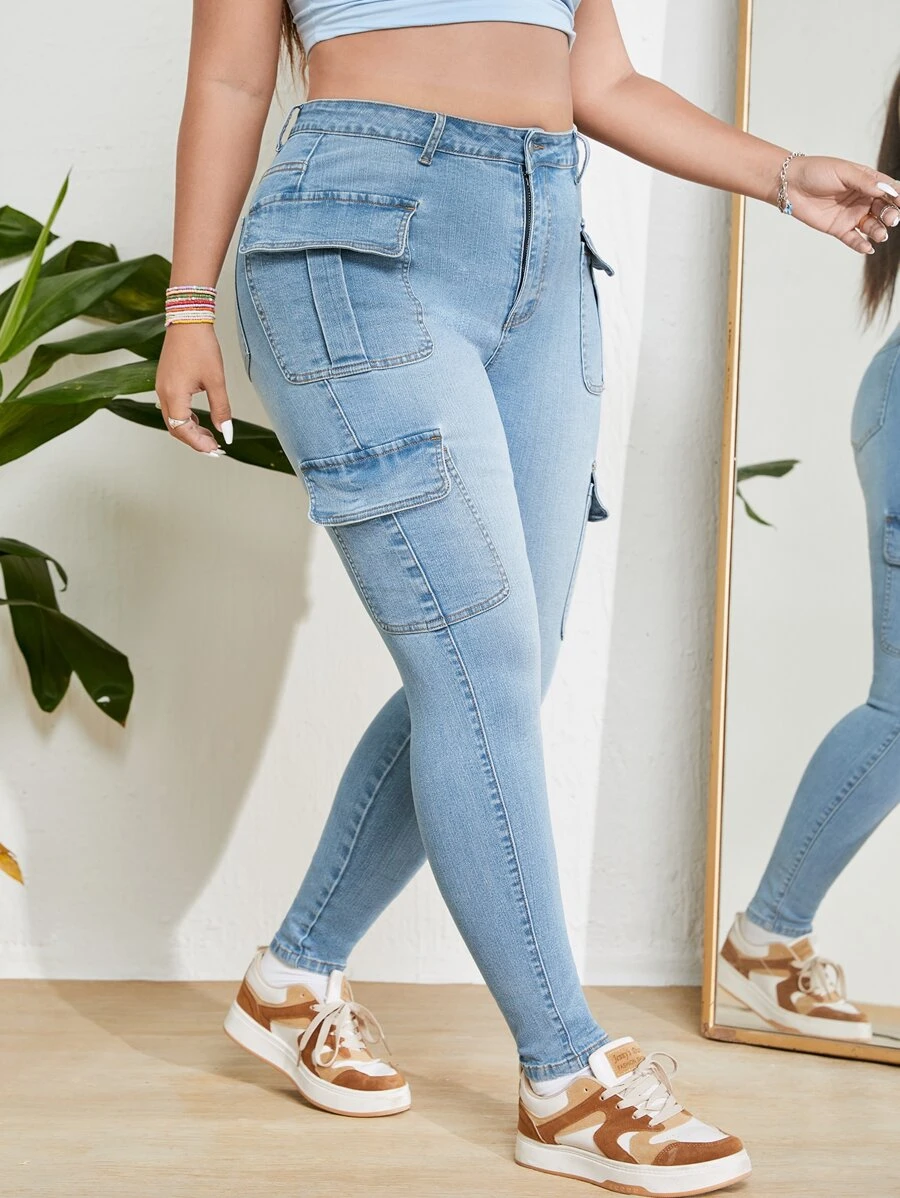 SHEIN EZwear Plus Flap Pocket Side Cargo Jeans - Light Wash - View 1