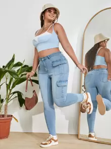 SHEIN EZwear Plus Flap Pocket Side Cargo Jeans - Light Wash - View 3