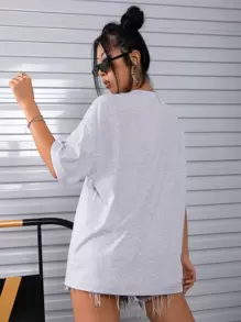 SHEIN Unity Camiseta holgada con bordado de eslogan "ALL ROADS LEAD TO ROME" para mujeres - Gris Claro - Ver 2