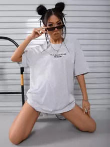 SHEIN Unity Camiseta holgada con bordado de eslogan "ALL ROADS LEAD TO ROME" para mujeres - Gris Claro - Ver 3