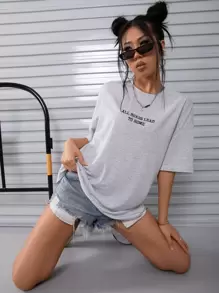 SHEIN Unity Camiseta holgada con bordado de eslogan "ALL ROADS LEAD TO ROME" para mujeres - Gris Claro - Ver 4