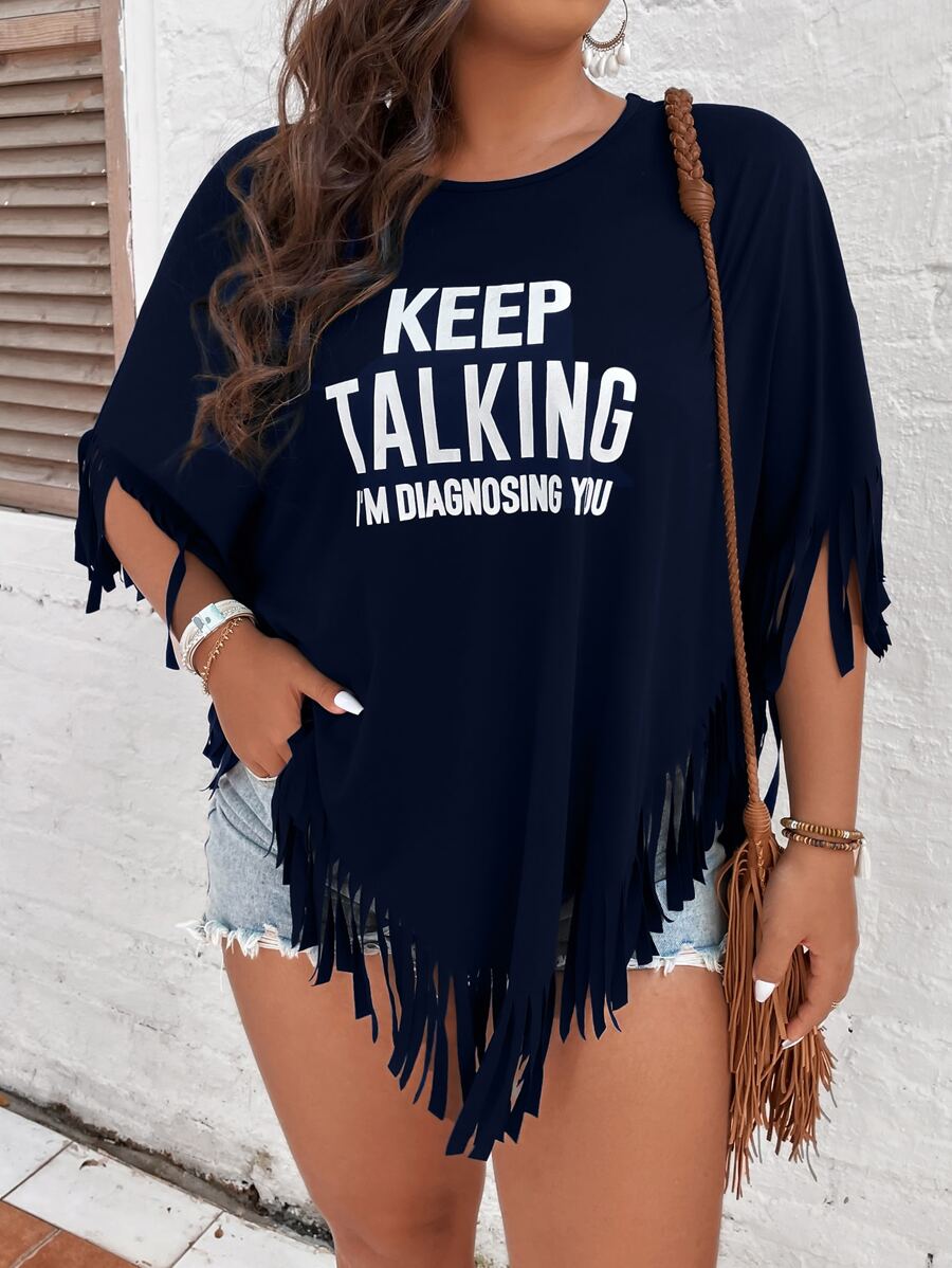 Breezaya Áo thun Plus size Bất đối xứng mép Slogan Giải trí - Màu xanh hải quân - Xem 1