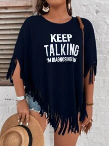 Breezaya Áo thun Plus size Bất đối xứng mép Slogan Giải trí - Màu xanh hải quân - Xem 5