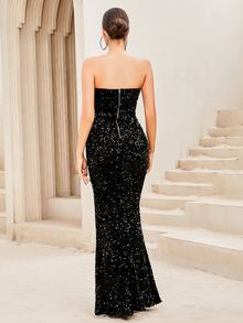 LOVE&LEMONADE Slit Thigh Sequin Tube Formal Dress - Black - View 2