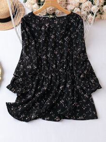 SHEIN LUNE Plus Ditsy Floral Print Flounce Sleeve Blouse Peplum Top - Black - View 2