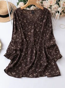 SHEIN LUNE Plus Ditsy Floral Print Flounce Sleeve Blouse - Brown - View 1