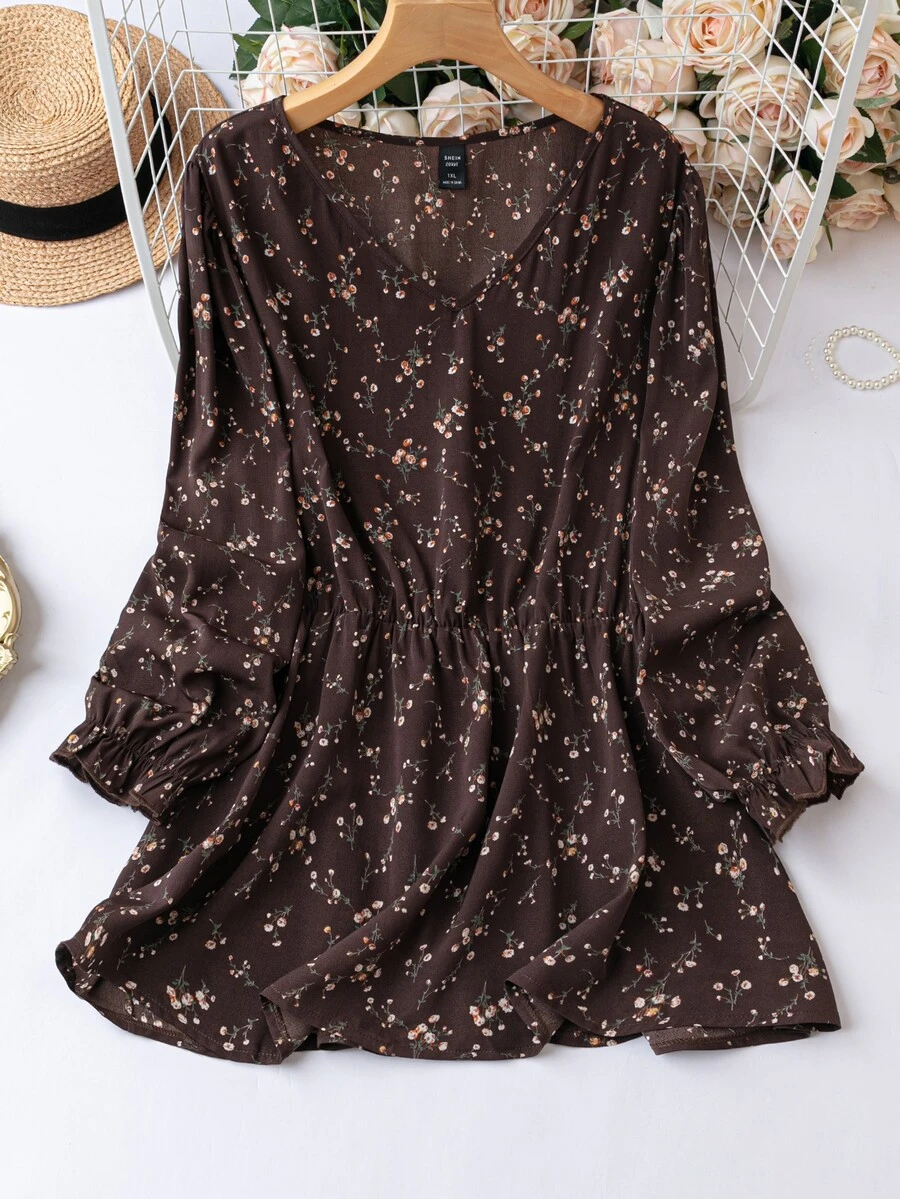 SHEIN LUNE Plus Ditsy Floral Print Flounce Sleeve Blouse - Brown - View 1