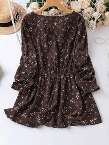 SHEIN LUNE Plus Ditsy Floral Print Flounce Sleeve Blouse - Brown - View 2