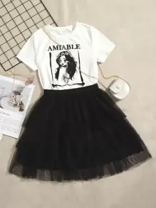 SHEIN Tween Girl Figure & Letter Graphic Tee & Layered Mesh Skirt - Black and White - View 2