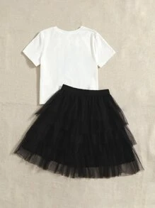 SHEIN Tween Girl Figure & Letter Graphic Tee & Layered Mesh Skirt - Black and White - View 3