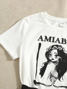 SHEIN Tween Girl Figure & Letter Graphic Tee & Layered Mesh Skirt - Black and White - View 5