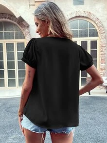 Notched Neck Pearls Plicated Detail Blouse - Black - View 2