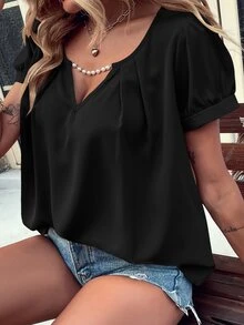 Notched Neck Pearls Plicated Detail Blouse - Black - View 3