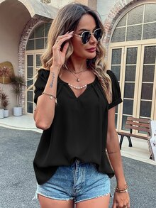 Notched Neck Pearls Plicated Detail Blouse - Black - View 6