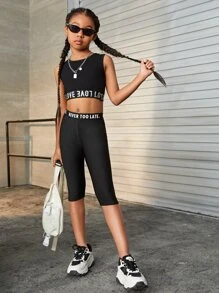 SHEIN Leggings Bé Gái Ruy băng Lá thư Thể thao - màu đen - Xem 4