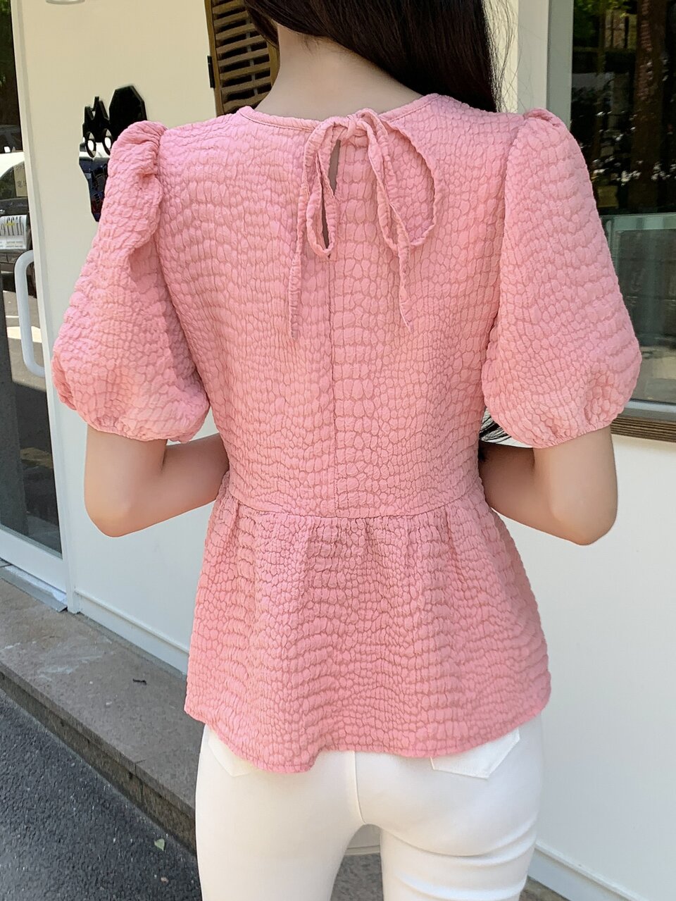Puff Sleeve Tie Back Peplum Blouse