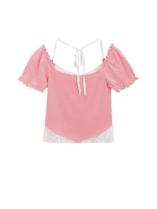 Top tejido corto con encaje en contraste ribete fruncido - Rosa - Ver 2