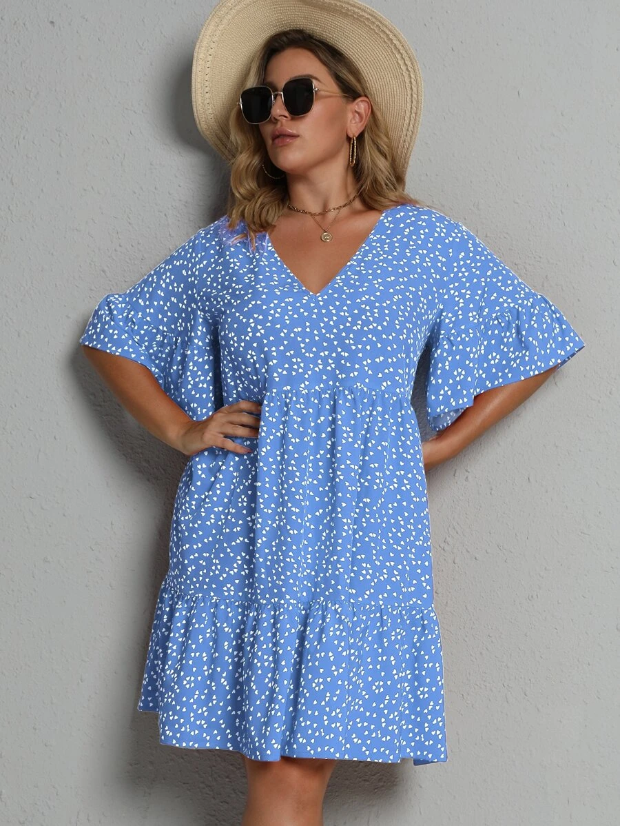 SHEIN Clasi Plus Allover Heart Print Smock Dress - Blue - View 1