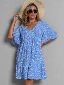 SHEIN Clasi Plus Allover Heart Print Smock Dress - Blue - View 4
