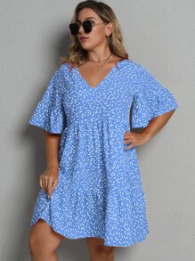 SHEIN Clasi Plus Allover Heart Print Smock Dress - Blue - View 5