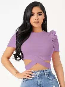 SHEIN Privé Áo thun nữ Hội Chữ thập Gân đan màu trơn Giải trí - Màu Lilac Tím - Xem 1