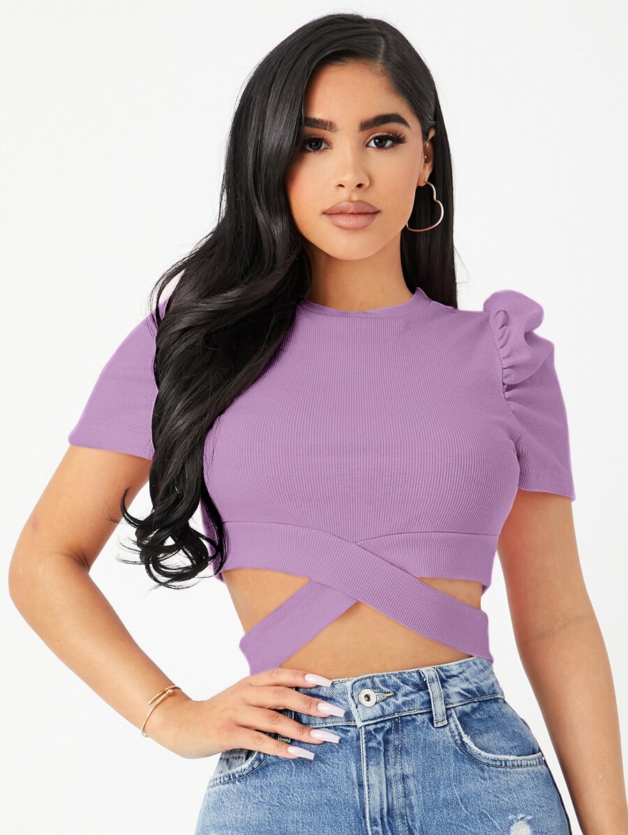 SHEIN Privé Áo thun nữ Hội Chữ thập Gân đan màu trơn Giải trí - Màu Lilac Tím - Xem 1