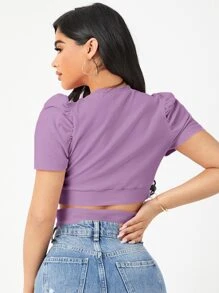 SHEIN Privé Áo thun nữ Hội Chữ thập Gân đan màu trơn Giải trí - Màu Lilac Tím - Xem 2