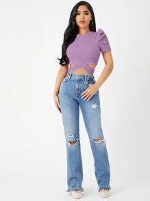 SHEIN Privé Áo thun nữ Hội Chữ thập Gân đan màu trơn Giải trí - Màu Lilac Tím - Xem 5