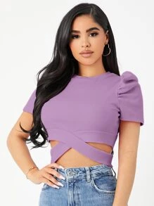 SHEIN Privé Áo thun nữ Hội Chữ thập Gân đan màu trơn Giải trí - Màu Lilac Tím - Xem 6