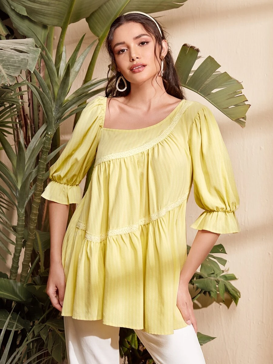 Mulvari 荷葉袖不對稱領蕾絲細節襯衫 - 黃色 - 查看 1
