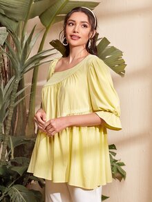 Mulvari 荷葉袖不對稱領蕾絲細節襯衫 - 黃色 - 查看 4