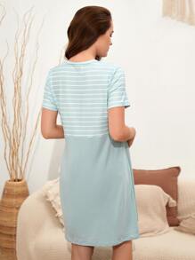 SHEIN Maternity Striped Nursing Night Dress - Baby Blue - View 3
