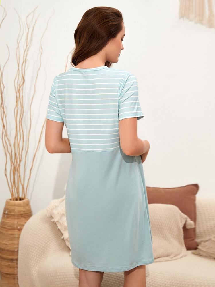 SHEIN Maternidad Vestido para dormir de rayas amamantamiento - Celeste - Añade 3
