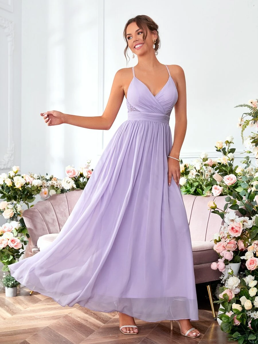 Contrast Lace Twist Backless Chiffon Bridesmaid Dress Elegant Dress, For Valentine's Day - Lilac Purple - View 1