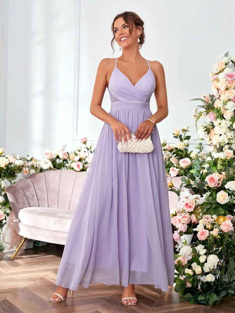 Contrast Lace Twist Backless Chiffon Bridesmaid Dress Elegant Dress, For Valentine's Day Wedding Spring