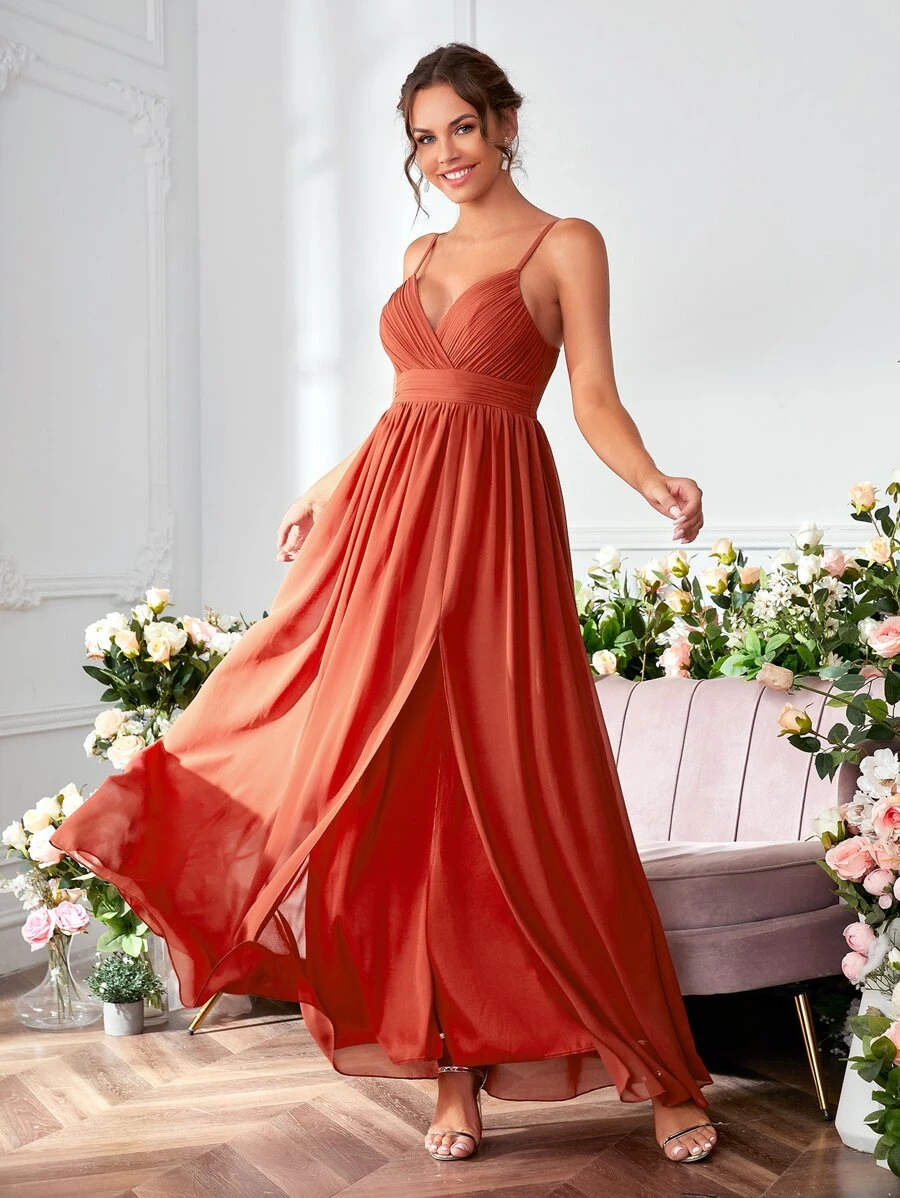 UNITHORSE 褶邊高衩雪紡伴娘連衣裙