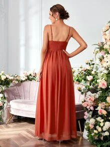 UNITHORSE 褶邊高衩雪紡伴娘連衣裙 - 橘色 - 查看 3