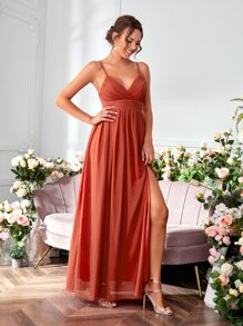 UNITHORSE 褶邊高衩雪紡伴娘連衣裙 - 橘色 - 查看 4