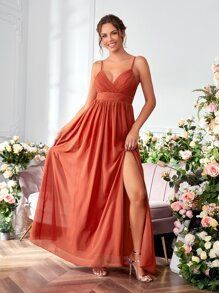 UNITHORSE 褶邊高衩雪紡伴娘連衣裙 - 橘色 - 查看 6