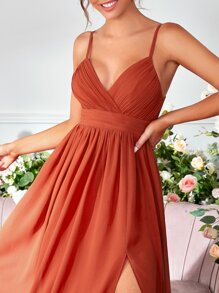 UNITHORSE 褶邊高衩雪紡伴娘連衣裙 - 橘色 - 查看 7